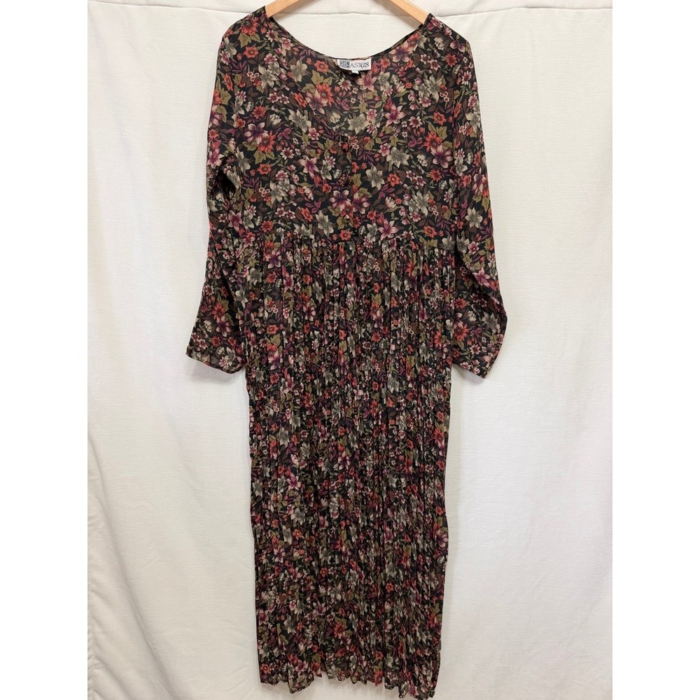 Basics Floral Accordion Pleat Maxi Dress Womens Large Multi-Color Vintage Boho